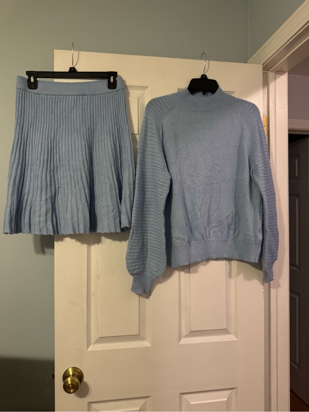 Soft Light Blue Knit Skirt - Women's Ribbed Flare with matching sweater